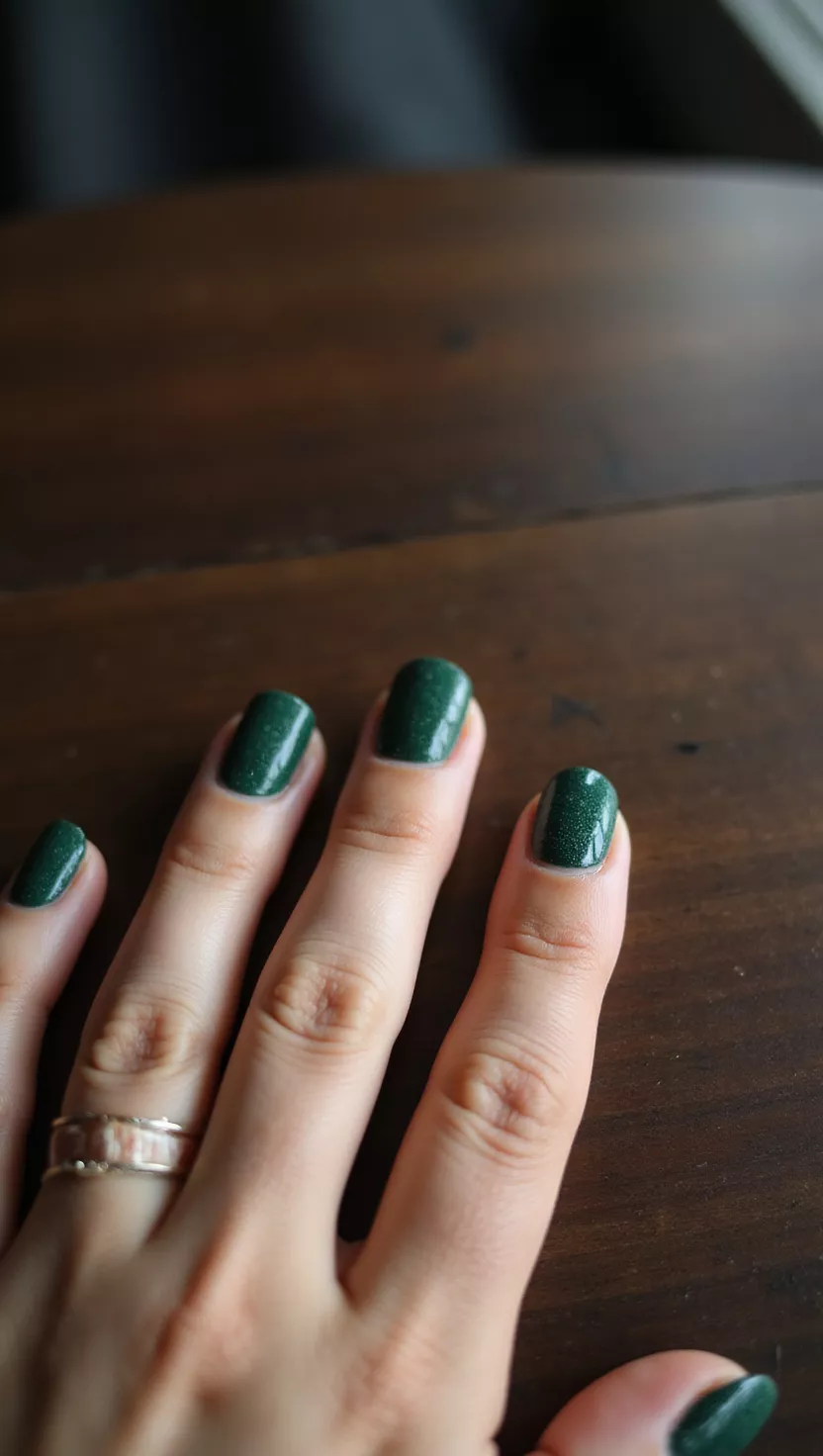 Forest Green Velvety Texture close-up shot of a woman’s hand with five fingers showing nails with a deep forest green color finished with a flocked, velvety texture effect, dark wooden table surface in the room background.