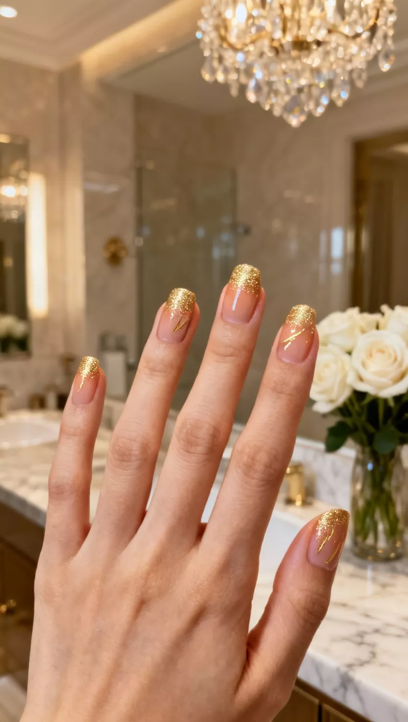 close-up shot of a woman’s hand with five fingers showing nails with a soft peachy nude base transitioning into fine gold glitter concentrated at the cuticle, a soft focus luxury bathroom background.