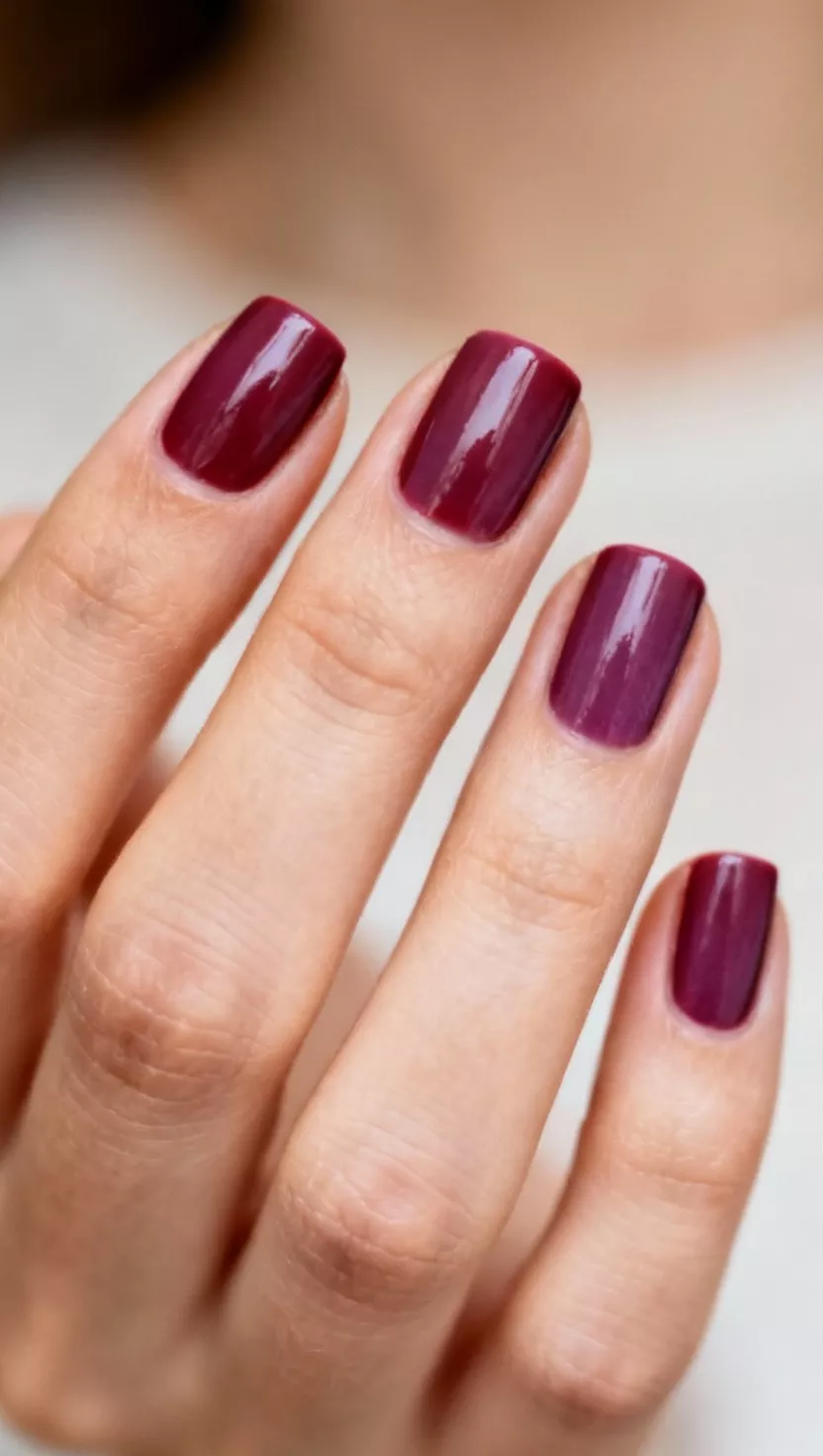 close-up shot of a woman’s hand with five fingers showing nails with a deep, muted reddish-purple color, like a ripe fig, with a creamy finish, close-up nail photography, nail polish designs, pinterest aesthetic