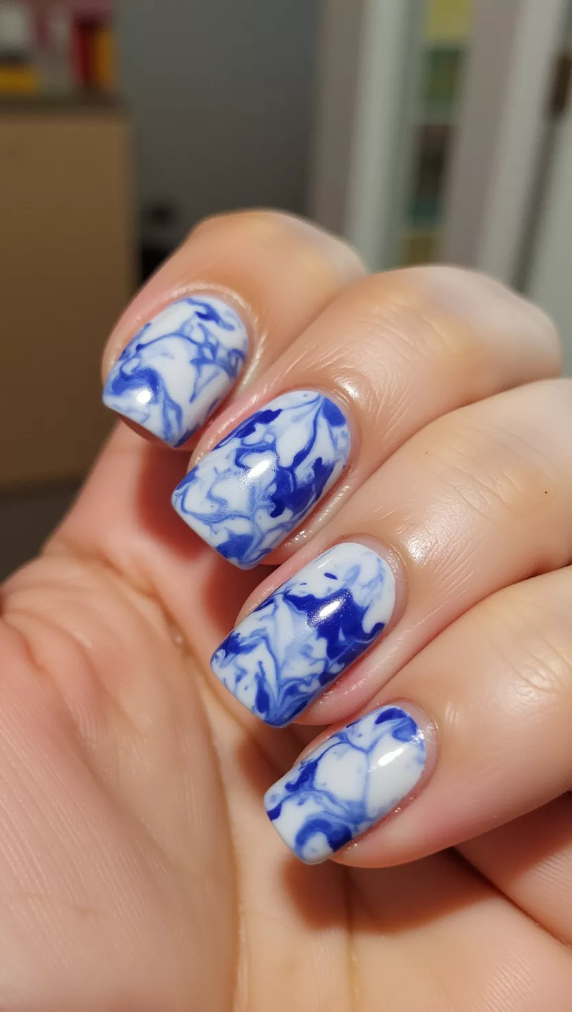 Blue & Milky White close-up shot of a woman’s hand with five fingers showing nails with an abstract mix of cobalt blue and thick, milky white polish swirled together for a cloud-like effect, room background