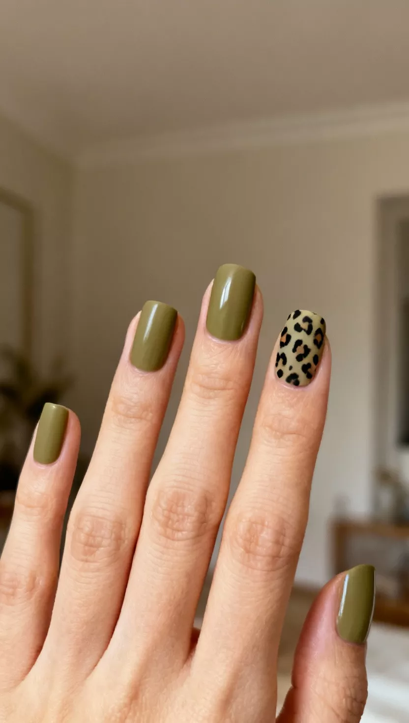 close-up shot of a woman’s hand with five fingers showing nails with four nails in solid khaki green and one accent nail with subtle black leopard print over the khaki, room background.