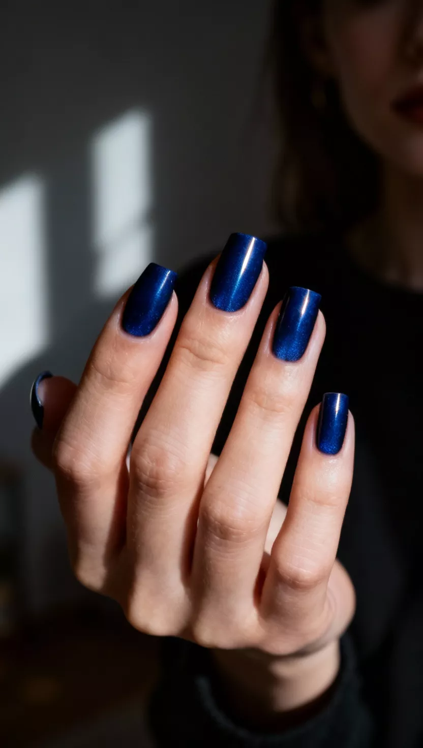 Deep Indigo Cat Eye close-up shot of a woman’s hand with five fingers showing nails with a deep indigo blue magnetic polish creating a sharp, vertical 'cat eye' reflective line, low light setting with atmospheric shadows in the room background.