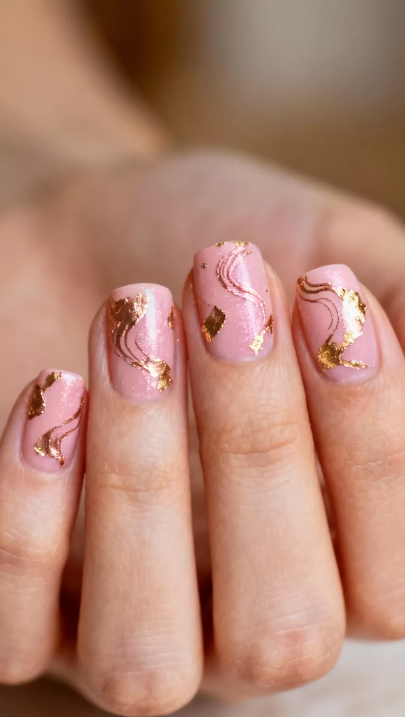 close-up shot of a woman’s hand with five fingers showing nails with a soft blush pink base with abstract, irregular swirls of rose gold foil scattered across the surface, warm lighting background.