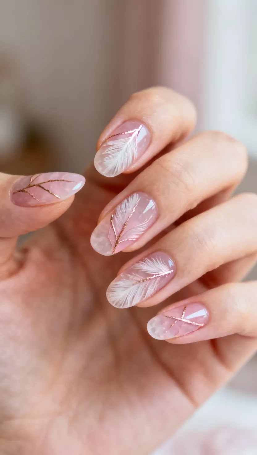 Subtle Pink Quartz Stone close-up shot of a woman’s hand with five fingers showing nails with a translucent pale pink base with delicate, feathered white and rose gold lines drawn over it to mimic the natural veins of rose quartz, room background.