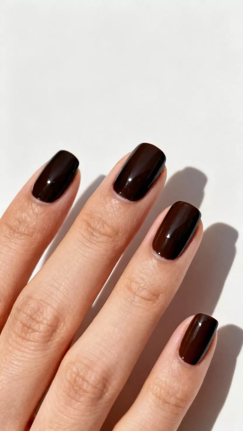 close-up shot of a woman’s hand with five fingers showing nails with a deep, intensely dark espresso brown color, almost indistinguishable from black, close-up nail photography, nail polish designs, pinterest aesthetic
