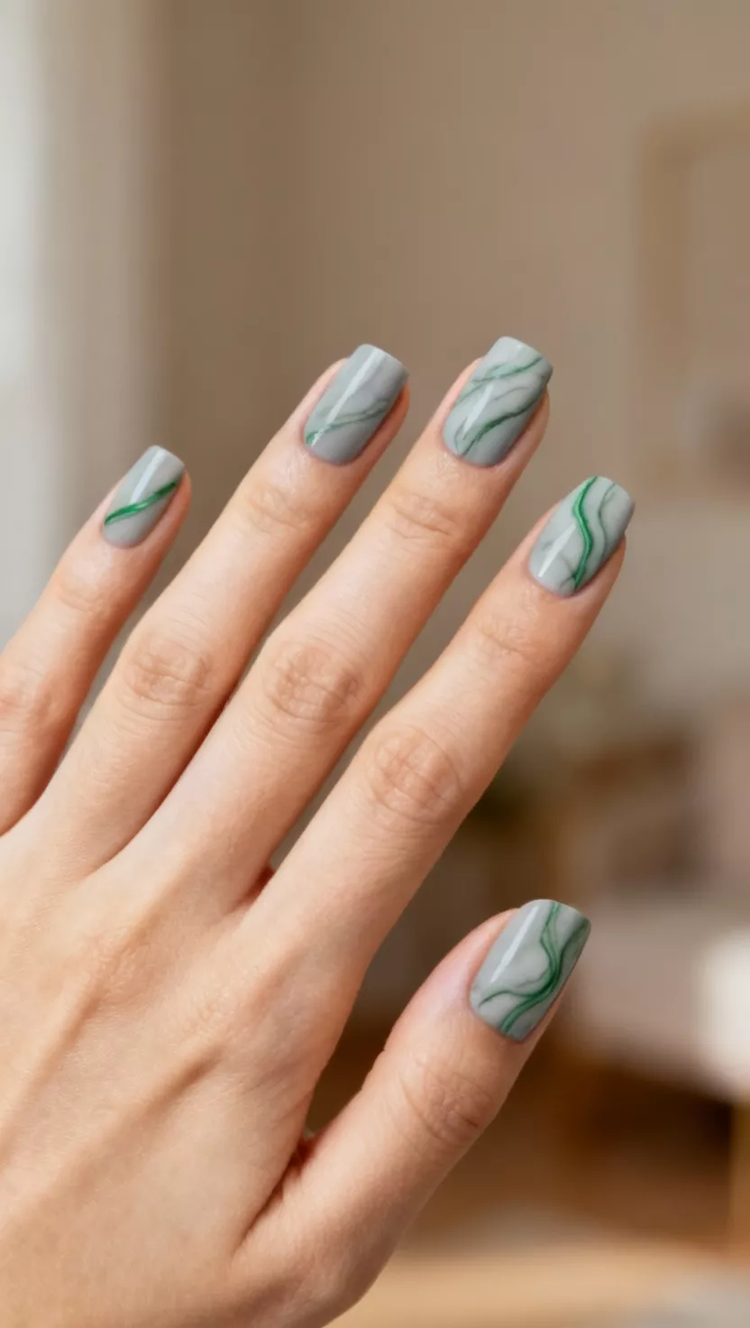 close-up shot of a woman’s hand with five fingers showing nails with a soft, pale gray base and delicate, flowing lines of various shades of green creating a marble effect, room background.