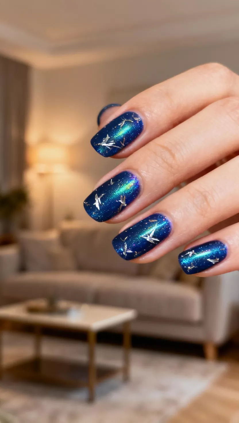 close-up shot of a woman’s hand with five fingers showing nails with midnight blue holographic polish and sparse silver foil flakes, living room.