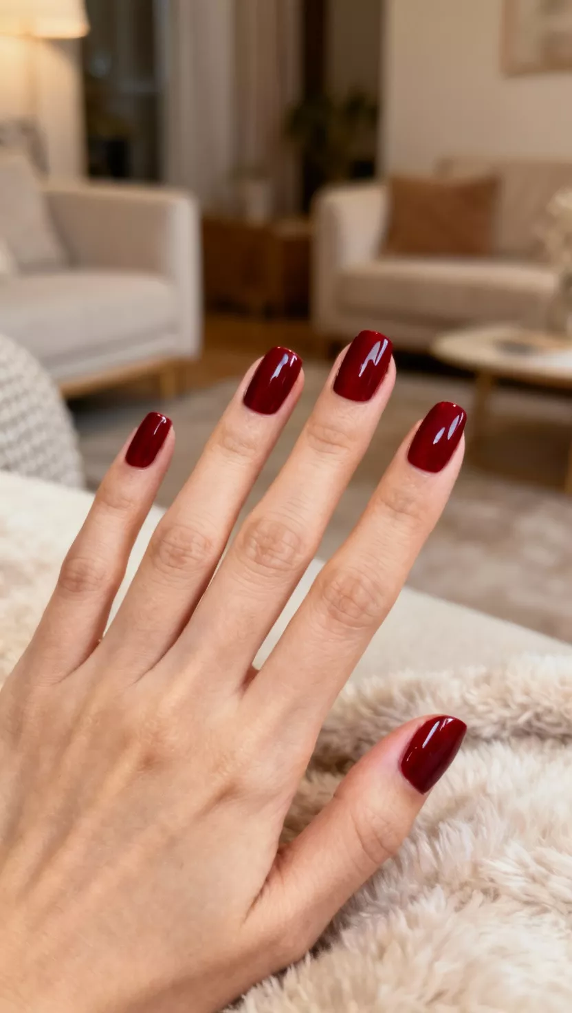 close-up shot of a woman’s hand with five fingers showing nails with a glossy deep cherry red polish, cozy living room background.