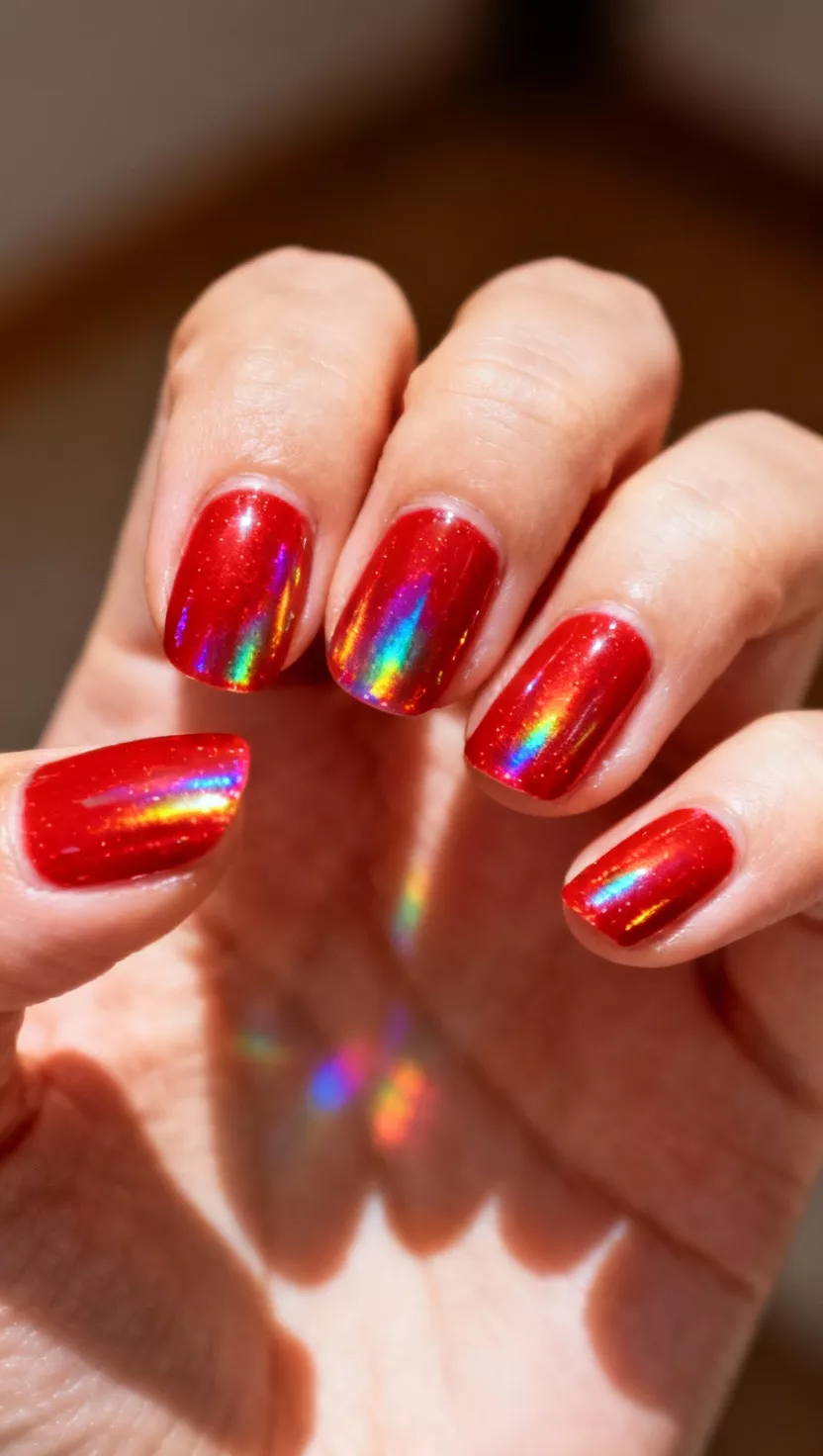 close-up shot of a woman’s hand with five fingers showing nails with a vibrant red polish that exhibits stunning holographic rainbow effects when light hits it, indoors with direct overhead light.