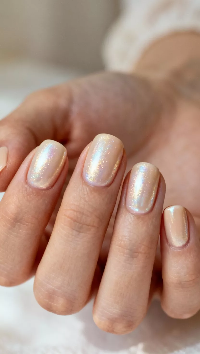 close-up shot of a woman’s hand with five fingers showing nails with a creamy, warm champagne beige color with a delicate, luminous pearl sheen, close-up nail photography, nail polish designs, pinterest aesthetic