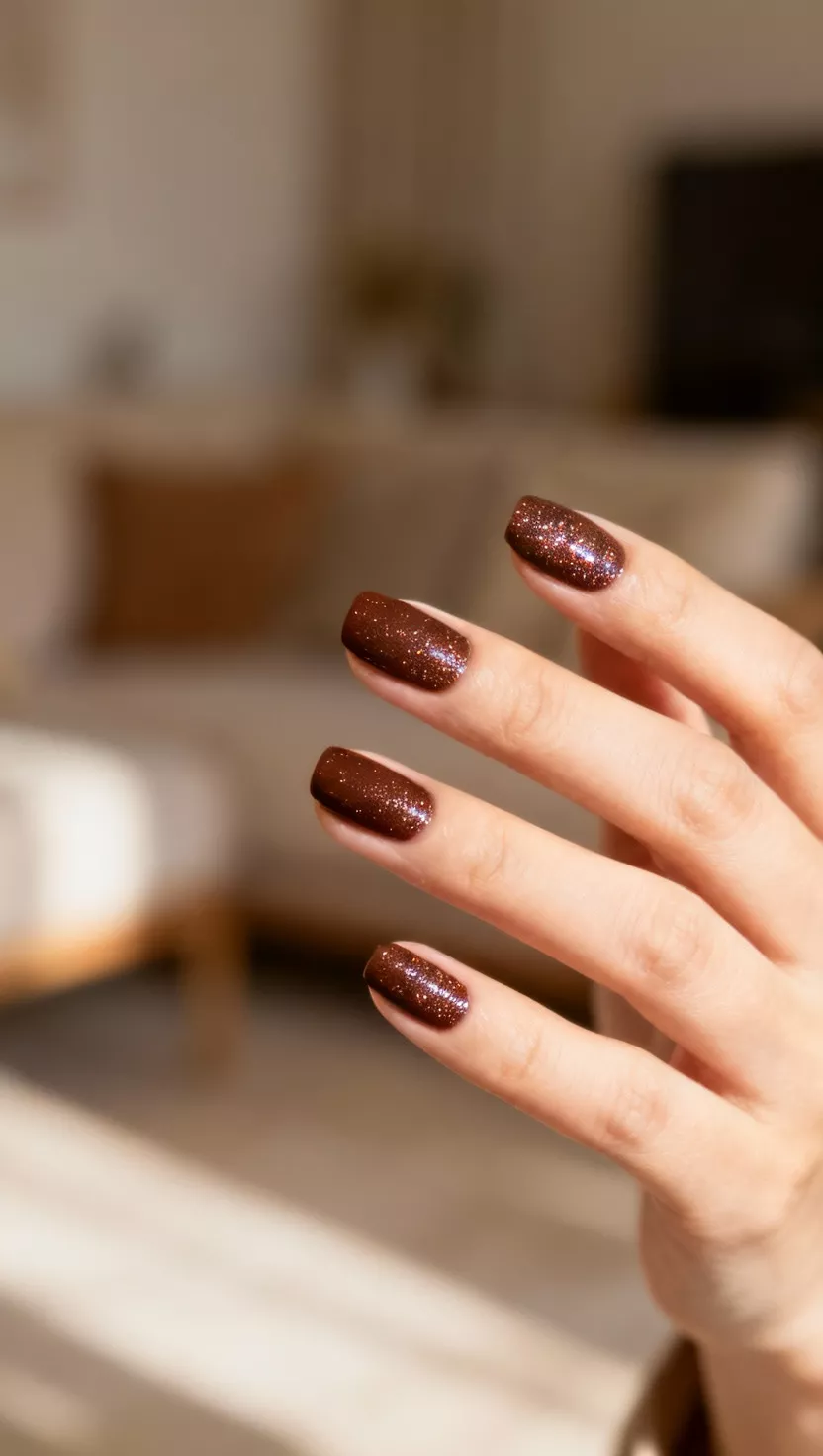 close-up shot of a woman’s hand with five fingers showing nails with a deep chocolate brown polish loaded with very fine, subtle glitter, living room background.