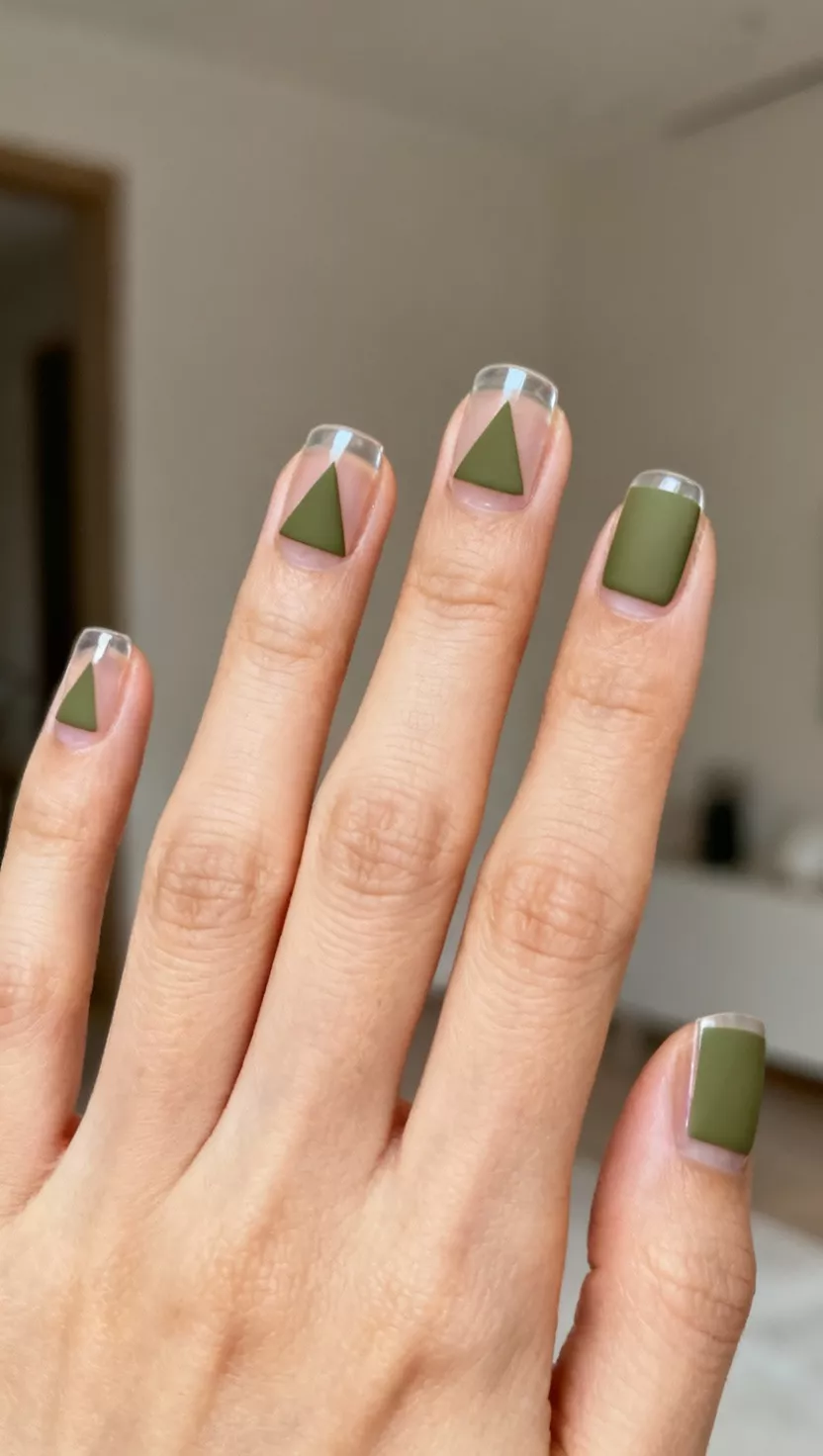 close-up shot of a woman’s hand with five fingers showing nails with a clear base, precise matte olive green geometric shapes like triangles and rectangles, room background.