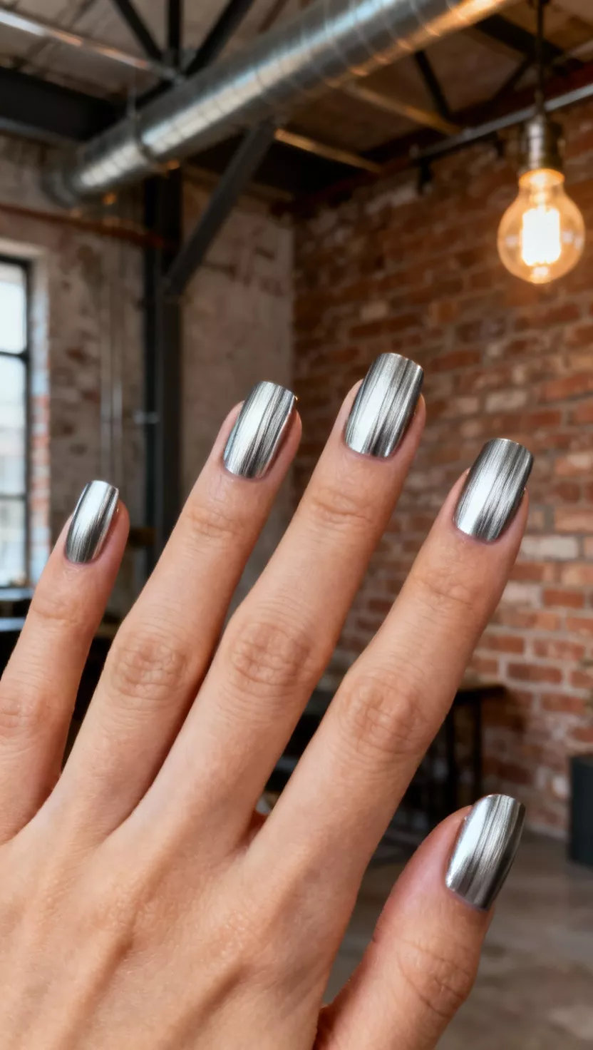 close-up shot of a woman’s hand with five fingers showing nails with a matte silver chrome that has subtle vertical lines, mimicking a brushed steel effect, modern industrial loft setting background