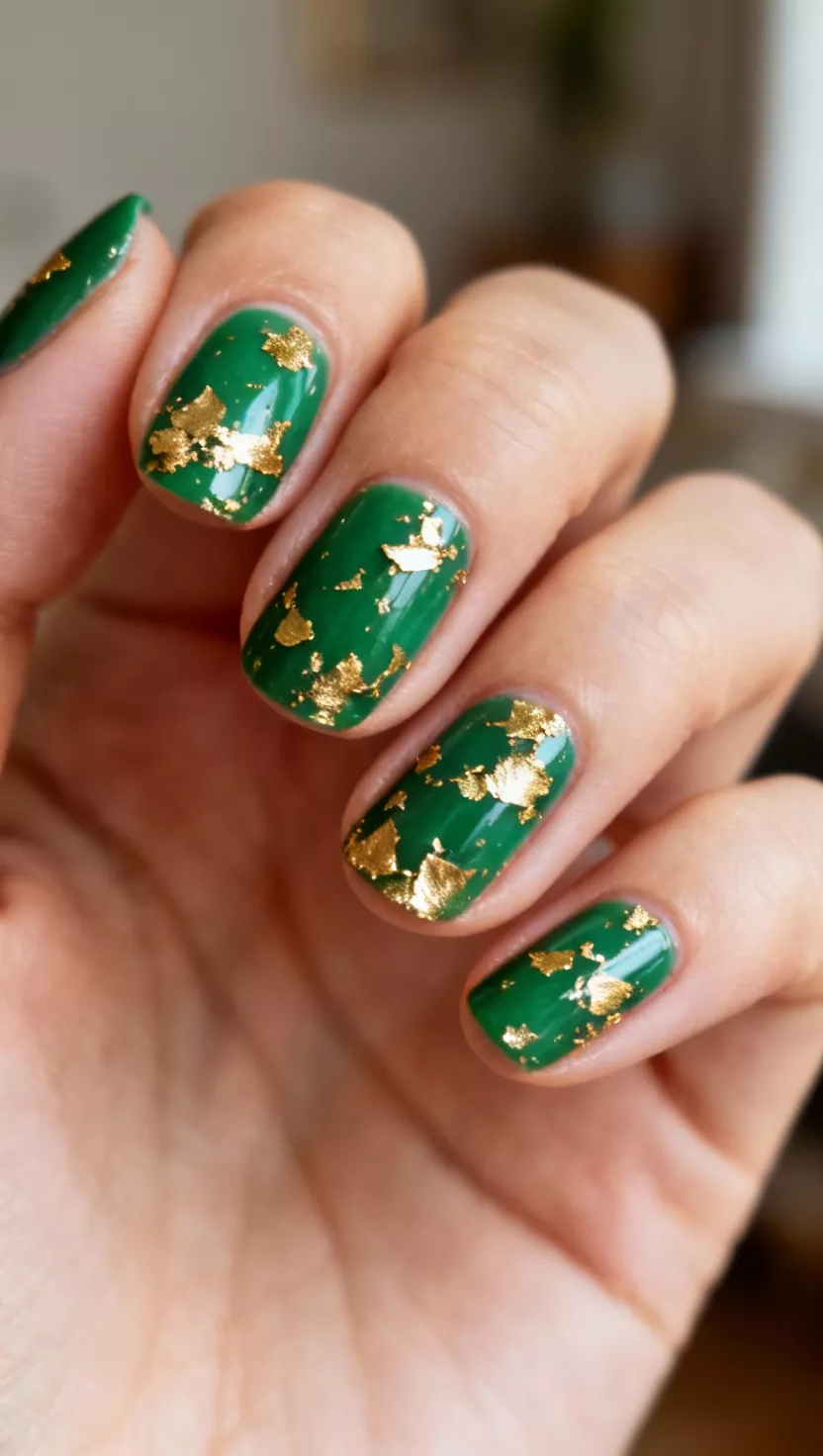 close-up shot of a woman’s hand with five fingers showing nails with a vibrant emerald green base and scattered delicate gold flakes, room background.