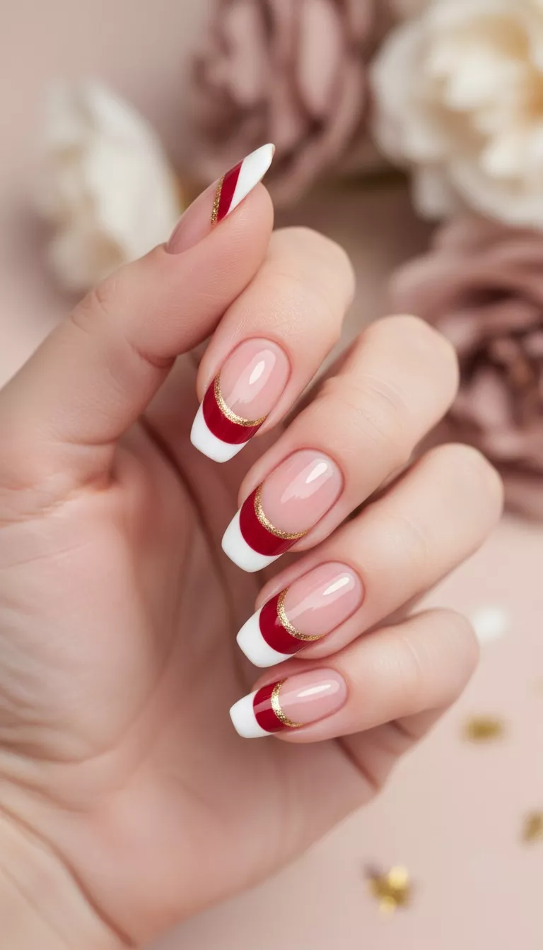 close-up shot of a woman’s hand showing nails with a modern French manicure with white and red tips separated by a gold line, close-up nail photography, nail polish designs, pinterest aesthetic