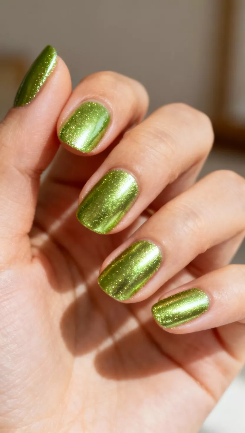 close-up shot of a woman’s hand with five fingers showing nails with a highly reflective, metallic lime green chrome powder finish, room background.