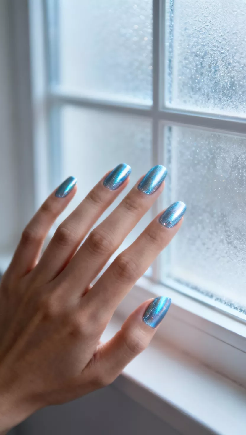 Icy Blue Chrome Finish close-up shot of a woman’s hand with five fingers showing nails with a brilliant, mirror-like icy blue chrome powder finish, soft focus image of a frosted window pane in the room background.