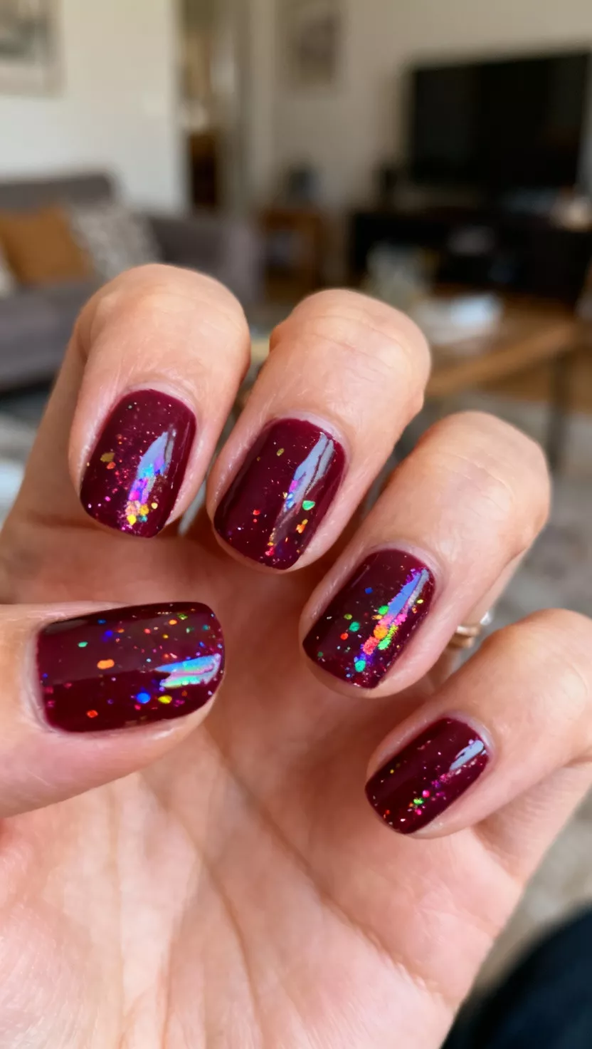 close-up shot of a woman’s hand with five fingers showing nails with a deep maroon base coat splattered randomly with a multi colored holographic polish, living room background.