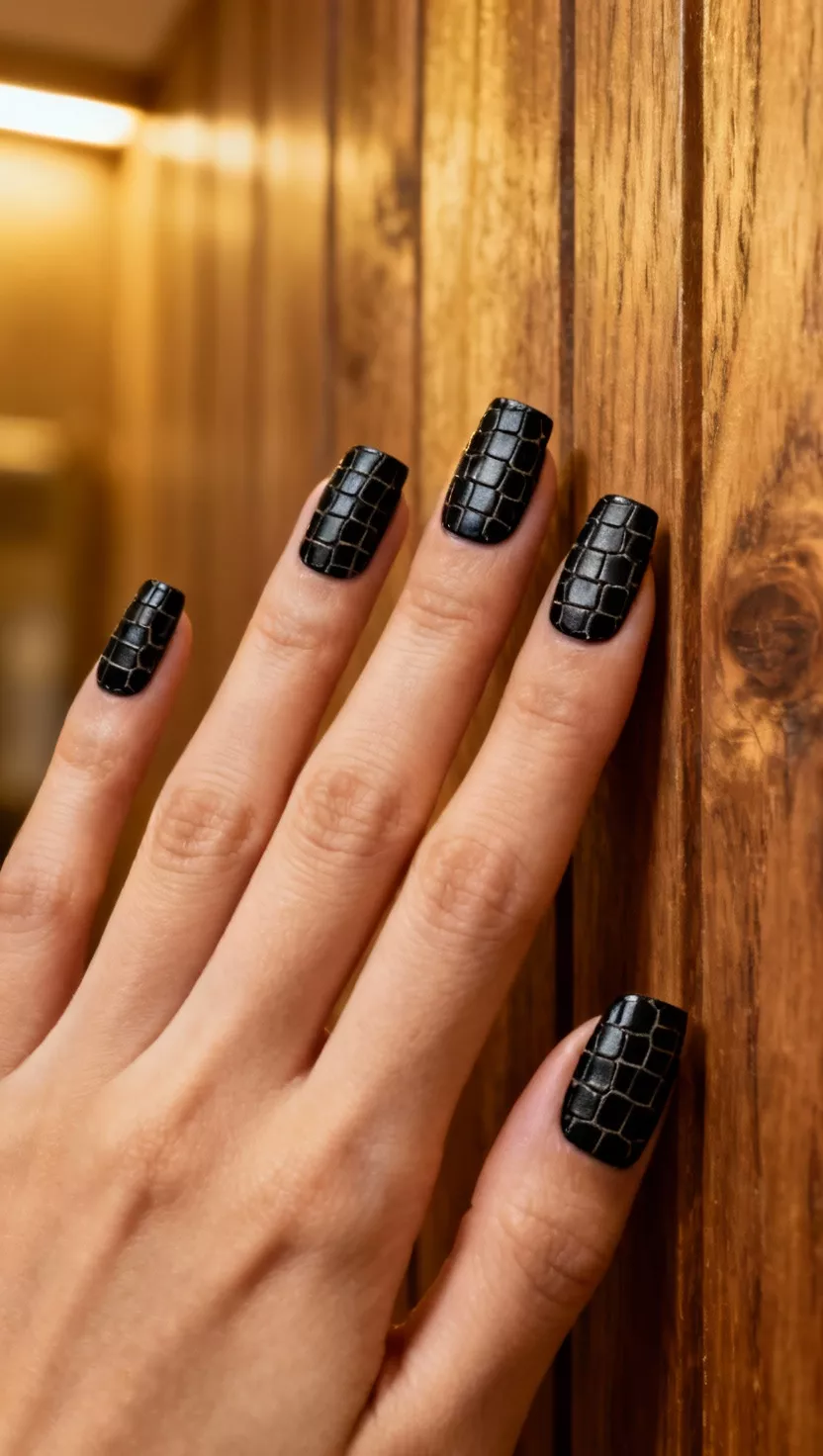 close-up shot of a woman’s hand with five fingers showing nails with a textured black polish designed to resemble the scaly surface of crocodile skin, exotic, warm wood paneling background.