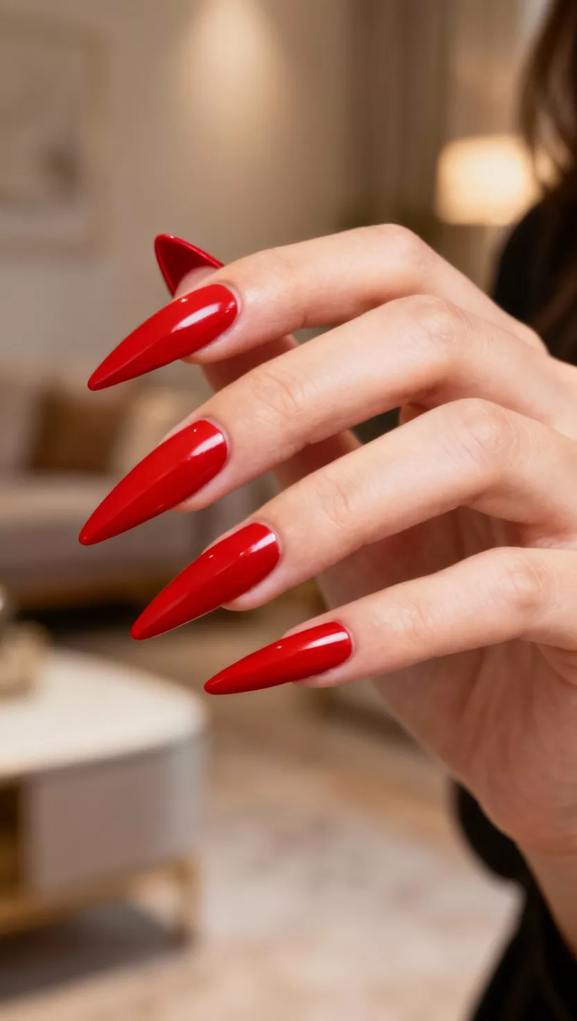 close-up shot of a woman’s hand with five fingers showing long, sharply pointed stiletto shaped nails painted entirely in a creamy, bright crimson red, living room background.