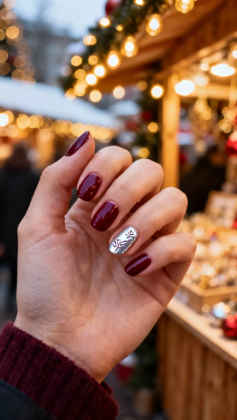 close-up shot of a woman’s hand with five fingers showing nails coated in a deep wine red cream polish, with small, intricate designs stamped onto the nail in a highly reflective silver foil, holiday market background.
