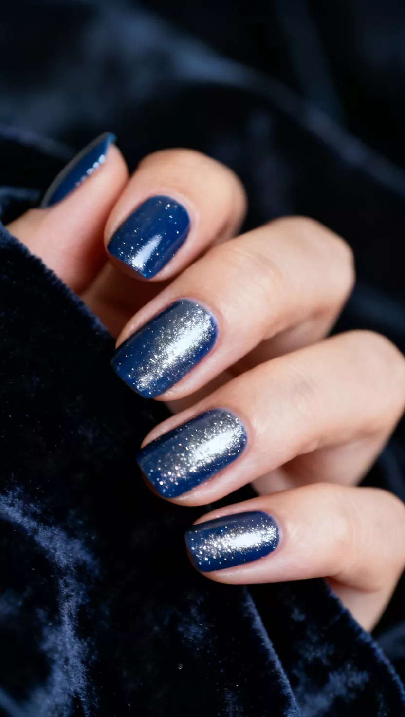 Deep Midnight Blue Shimmer close-up shot of a woman’s hand with five fingers showing nails with a highly pigmented midnight blue polish with fine silver shimmer particles, dark velvet fabric background.