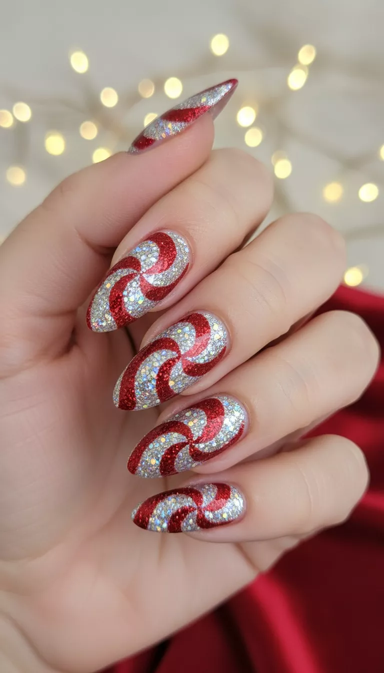 close-up shot of a woman’s hand showing nails with a vibrant decoration of red and silver glitter in a distinct peppermint swirl pattern, close-up nail photography, nail polish designs, pinterest aesthetic