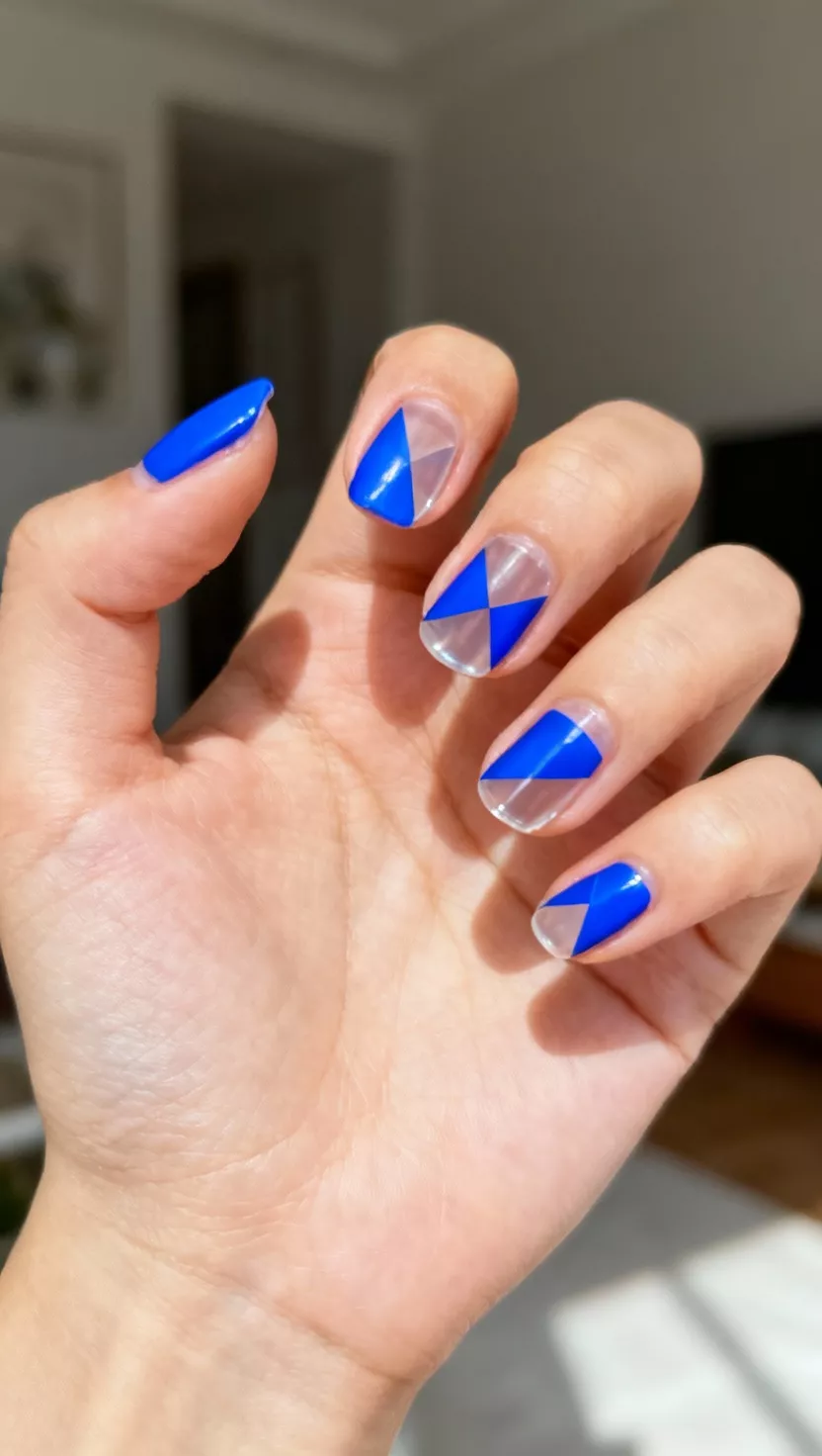 Electric Blue Negative Space close-up photo of a woman’s hand with five fingers showing nails with geometric electric blue shapes painted over sections of clear negative space, room background