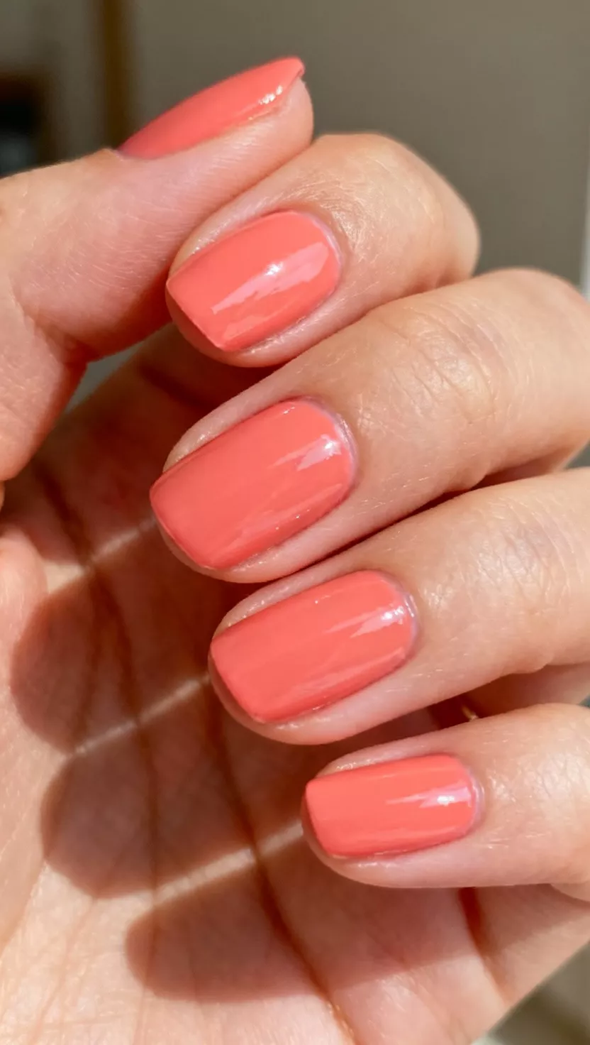 Warm Coral Pink Solid close-up shot of a woman’s hand with five fingers showing nails with a creamy, highly pigmented warm coral pink polish covering the entire nail, with an extremely glossy finish, room background.