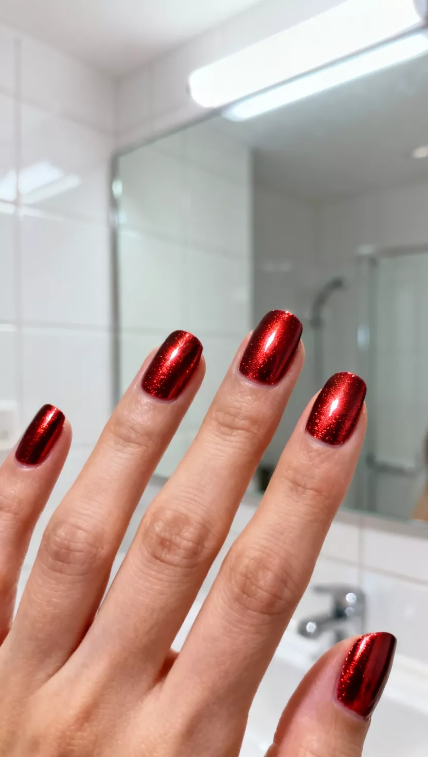 close-up shot of a woman’s hand with five fingers showing nails with a highly reflective, intense metallic red chrome powder finish, brightly lit bathroom background.