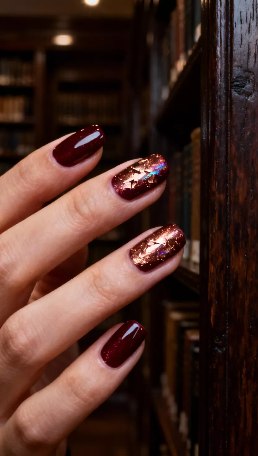 Deep Burgundy with Copper Flakes close-up shot of a woman’s hand with five fingers showing nails with a rich, dark burgundy base topped with delicate, iridescent copper foil flakes, moody dark wooden library setting in the room background.