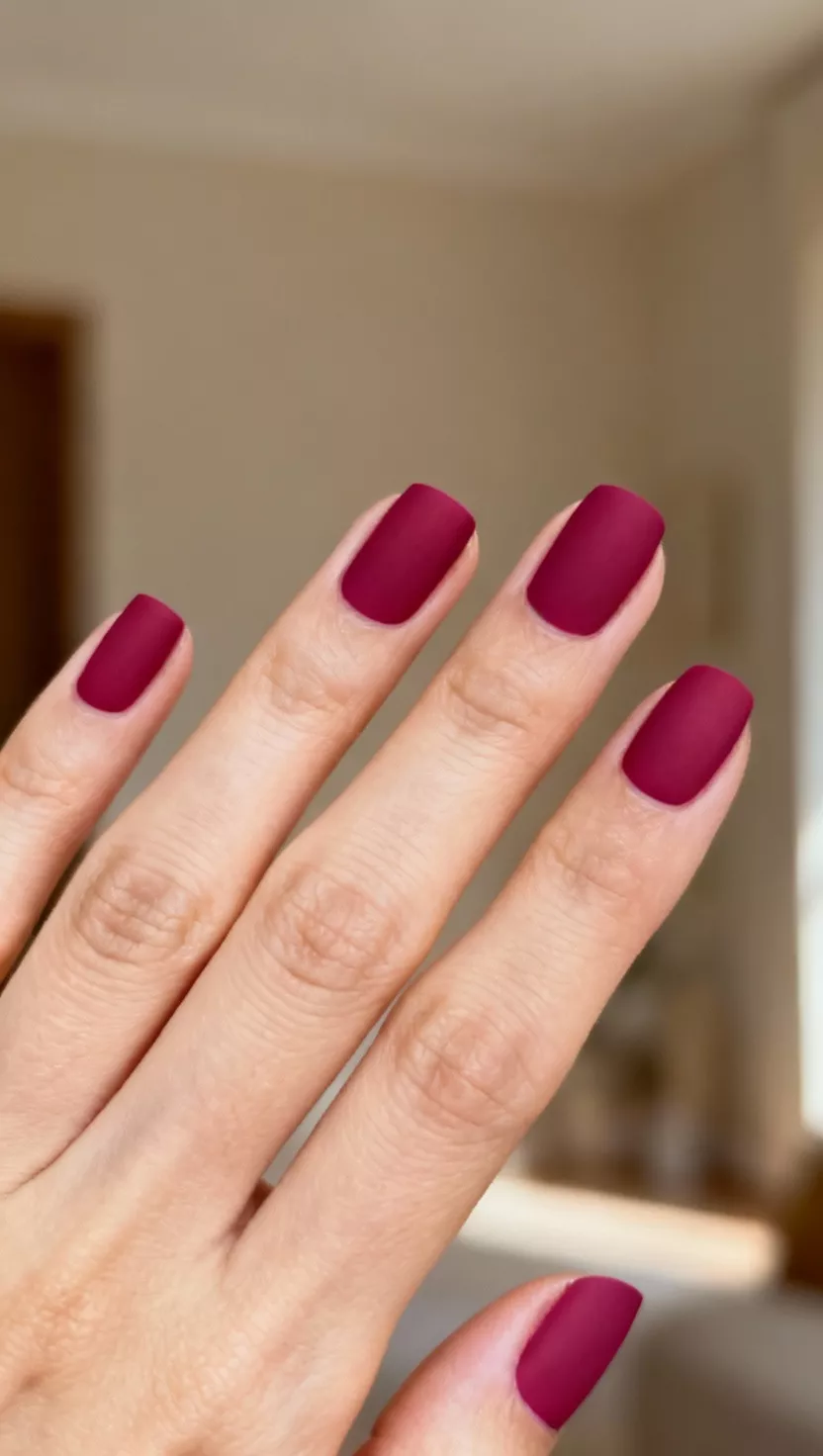 Matte Berry Pink close-up shot of a woman’s hand with five fingers showing nails with a rich, flat matte deep berry pink color covering the whole nail bed, room background.