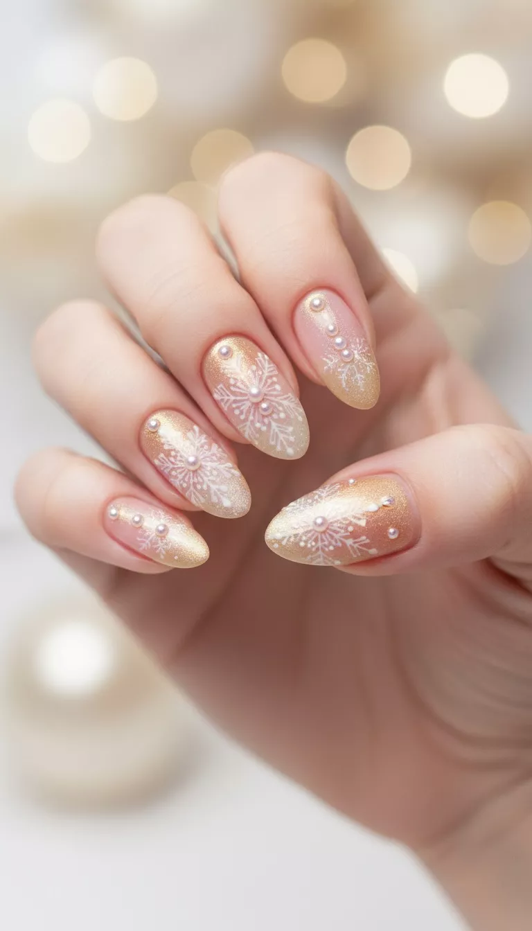 close-up shot of a woman’s hand showing nails with delicate white snowflake patterns and small pearl-like embellishments on a pale pink to gold ombre base, close-up nail photography, nail polish designs, pinterest aesthetic