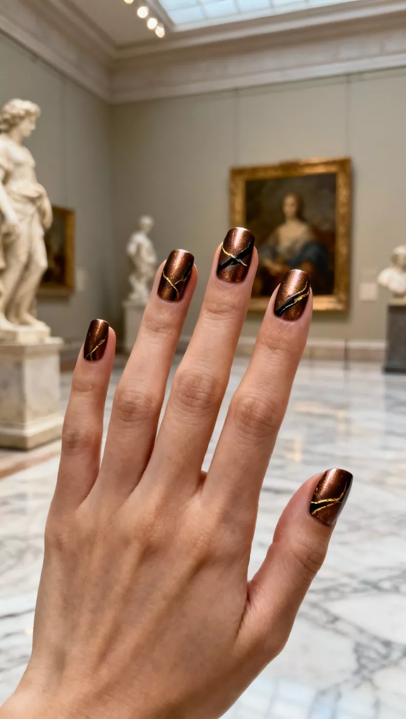 close-up shot of a woman’s hand with five fingers showing nails with a deep bronze chrome base featuring delicate streaks of black and gold to create a marbled stone effect, museum gallery setting with classic art background