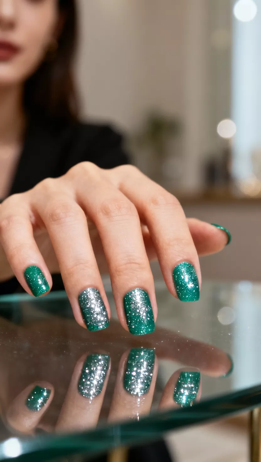 Teal Green Shimmer close-up shot of a woman’s hand with five fingers showing nails with a saturated teal green polish featuring densely packed silver micro-shimmer particles, subtle reflections on a glass tabletop in the room background.