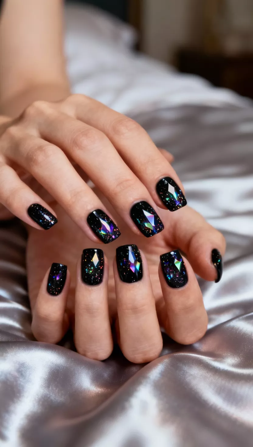 close-up shot of a woman’s hand with five fingers showing nails with intense black polish heavily coated with holographic diamond dust micro-glitter, luxurious satin bed sheets background.