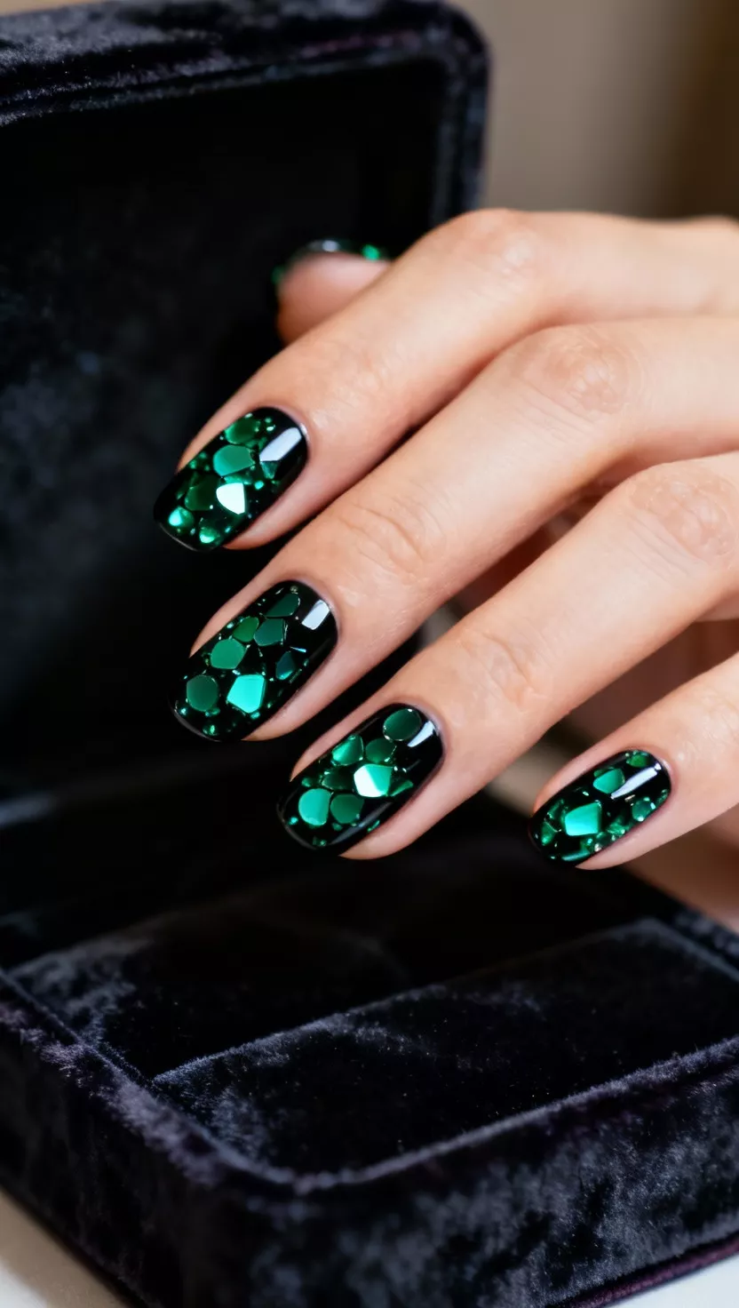 close-up shot of a woman’s hand with five fingers showing nails with a jelly black base filled with large, opaque emerald green metallic flakes, deep velvet jewel box background.