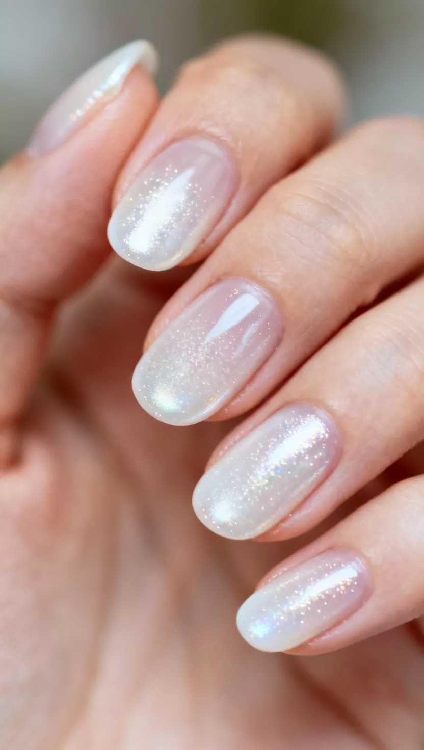 Glazed Donut Nails with a Pearl Effect close-up shot of a woman’s hand with five fingers showing nails with a sheer milky white base layered with a fine white pearl chrome powder creating a glazed donut effect, soft lighting.