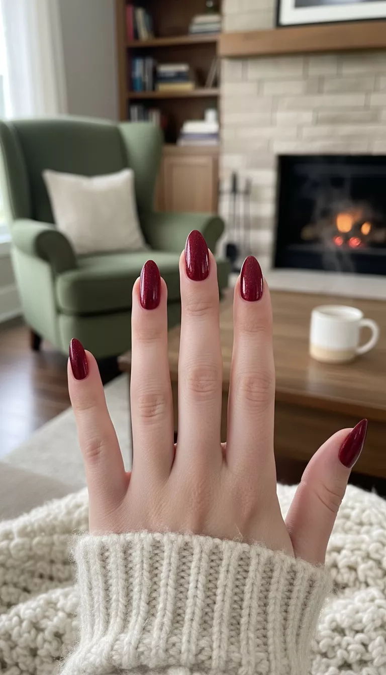 close-up shot of a woman’s hand with five fingers showing nails coated in a metallic blood red polish that contains super tiny, barely perceptible black micro-glitter, cozy living room background.