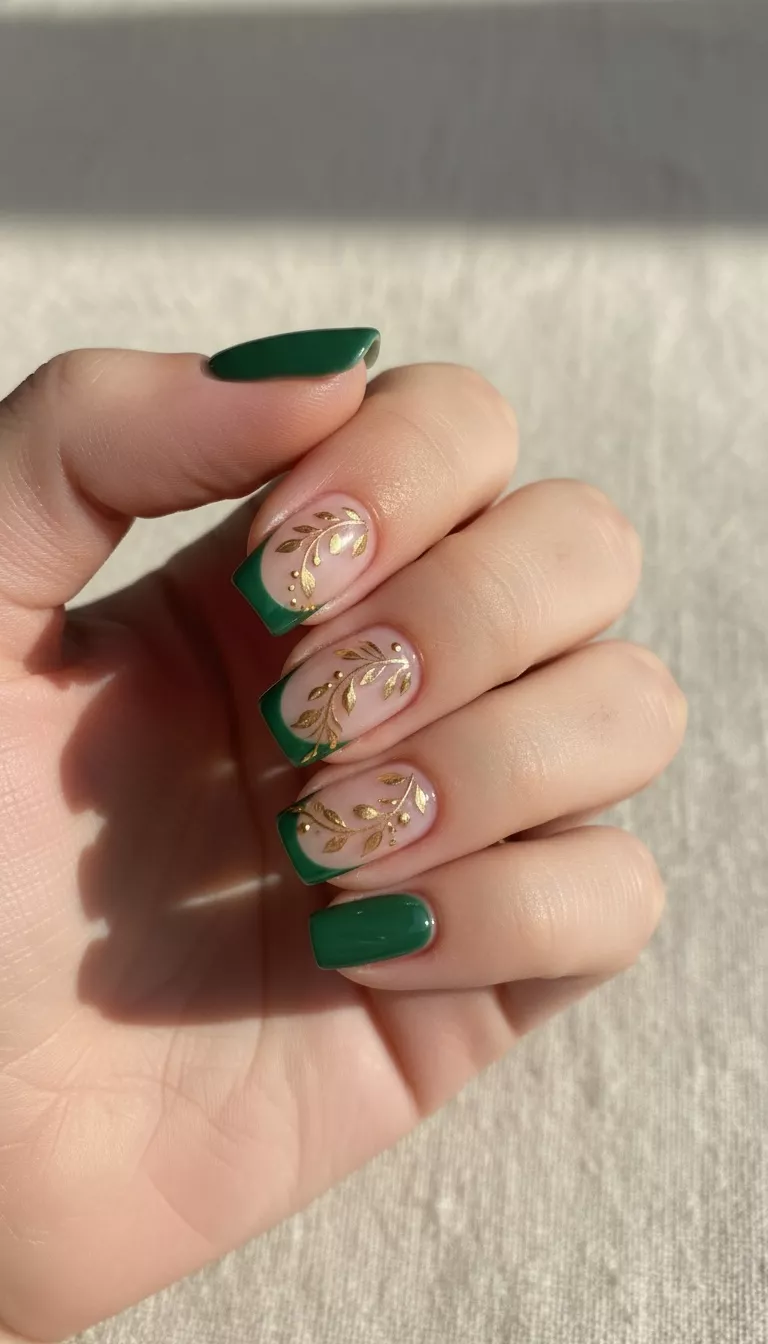 close-up shot of a woman’s hand showing nails with dark green polish on some and a unique green French tip with gold floral accents on others, close-up nail photography, nail polish designs, pinterest aesthetic
