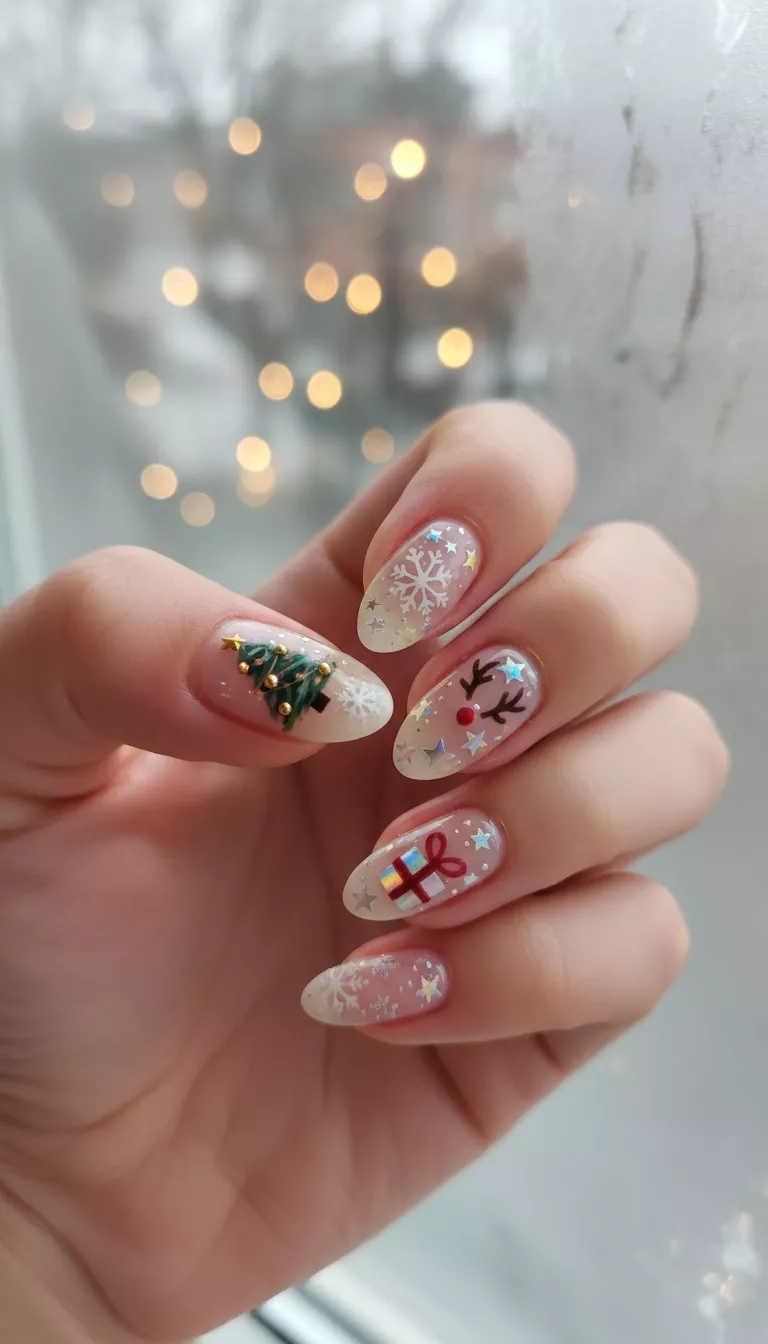 close-up shot of a woman’s hand showing nails with an assortment of festive designs, including miniature Christmas trees, snowflakes, stars, and reindeer antlers on a clear base, close-up nail photography, nail polish designs, pinterest aesthetic