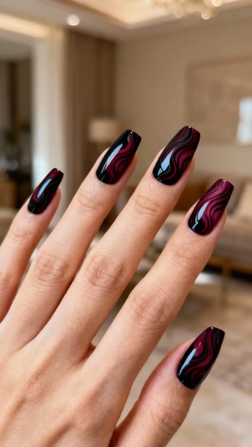 close-up shot of a woman’s hand with five fingers showing nails with a fluid, swirled pattern blending deep black and rich maroon shades, living room background.