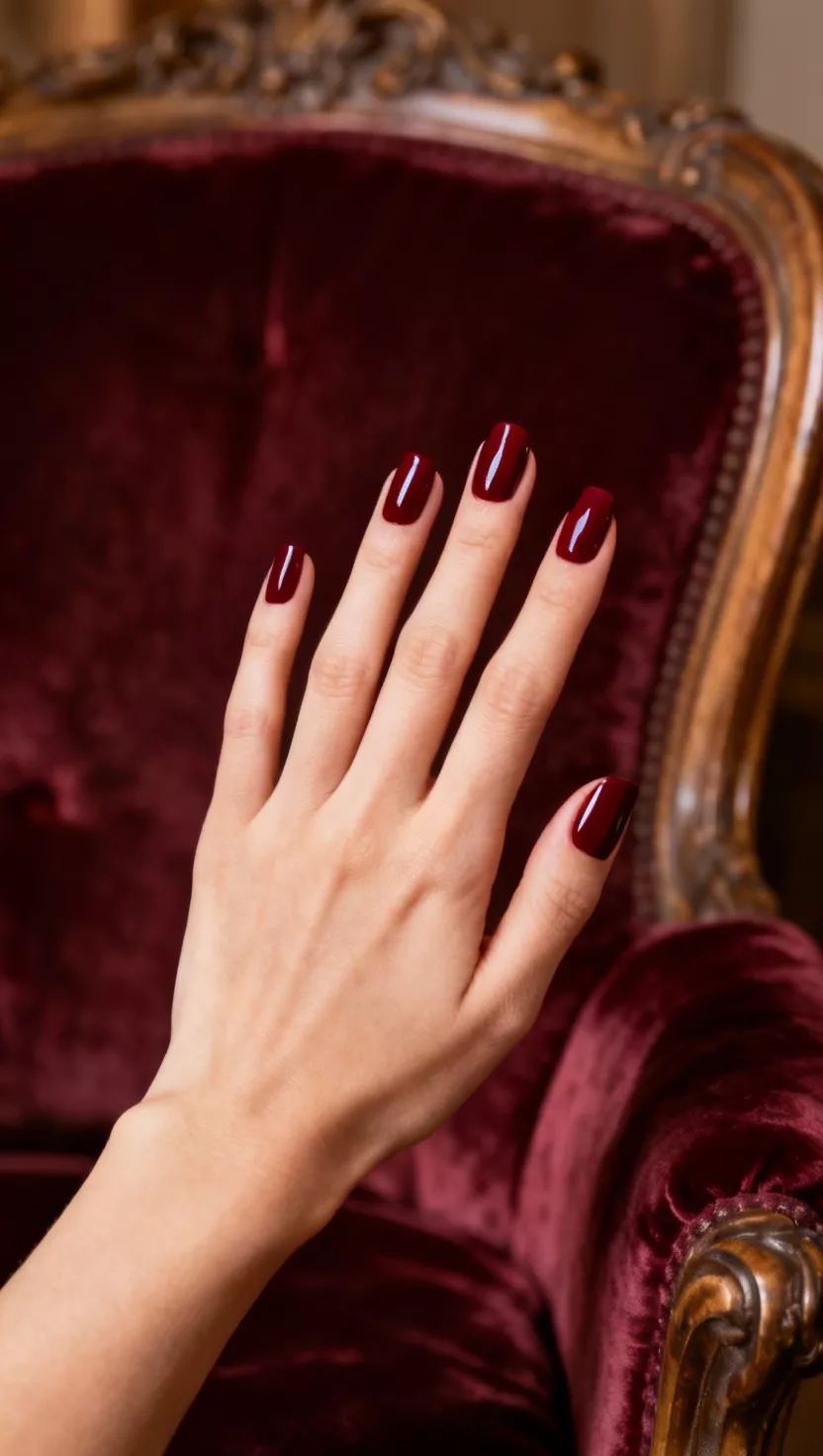 close-up shot of a woman’s hand with five fingers showing nails with a high gloss, deep oxblood red polish, antique velvet chair background.