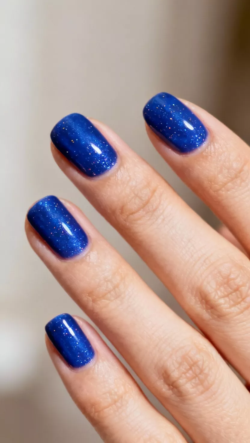close-up shot of a woman’s hand with five fingers showing nails with a vibrant, jewel-toned sapphire blue with micro-shimmer inclusions, close-up nail photography, nail polish designs, pinterest aesthetic