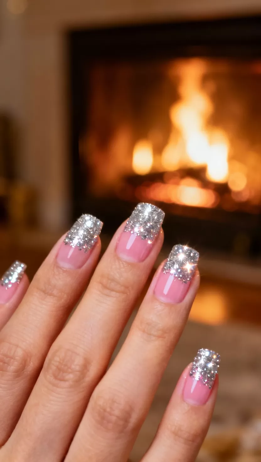 Glitter French Tips close-up shot of a woman’s hand with five fingers showing nails with a classic sheer pink base and thick, multi-sized silver glitter applied only to the tips, warm fireplace glow in the room background.