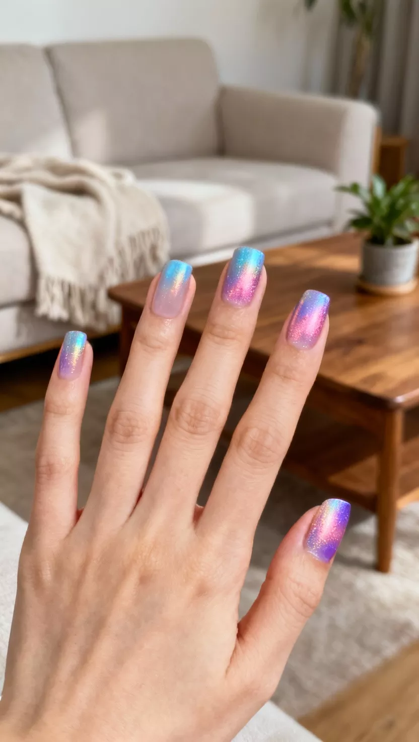 close-up shot of a woman’s hand with five fingers showing nails with a sheer chrome powder that shifts from icy blue to pink and purple layered over a sheer neutral base, living room background
