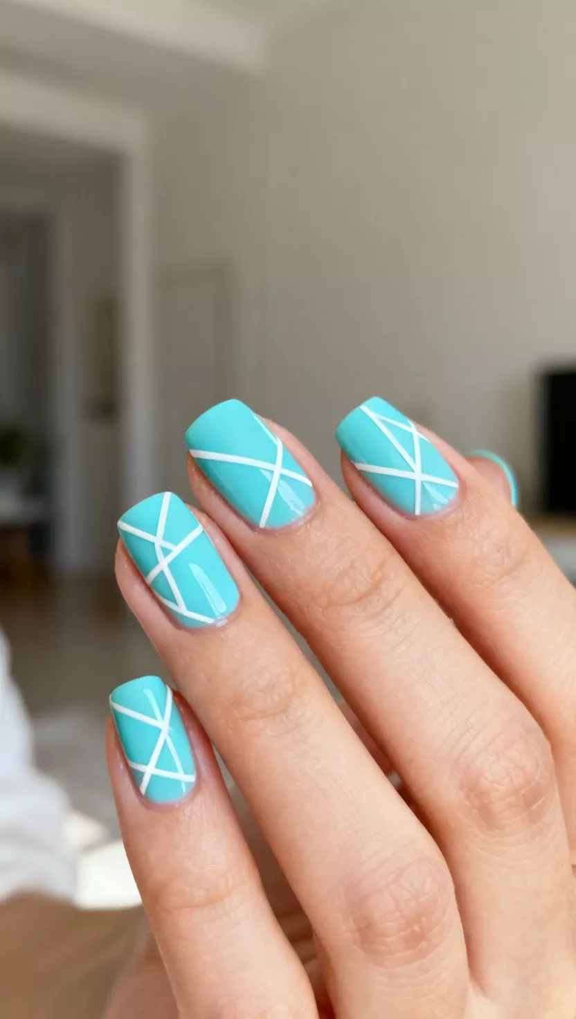 Tiffany Blue Geometric Lines close-up photo of a woman’s hand with five fingers showing nails with a bright Tiffany blue base with thin, crisp white geometric lines forming abstract shapes, room background