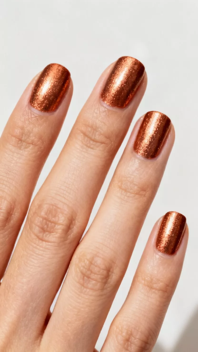 close-up shot of a woman’s hand with five fingers showing nails with a shimmering, warm copper color with a metallic foil finish, close-up nail photography, nail polish designs, pinterest aesthetic