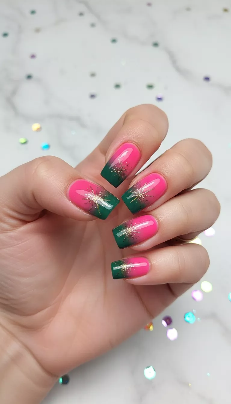 close-up shot of a woman’s hand showing nails with square-shaped nails with a vibrant pink base and dark green tips, accented with small starburst designs, close-up nail photography, nail polish designs, pinterest aesthetic