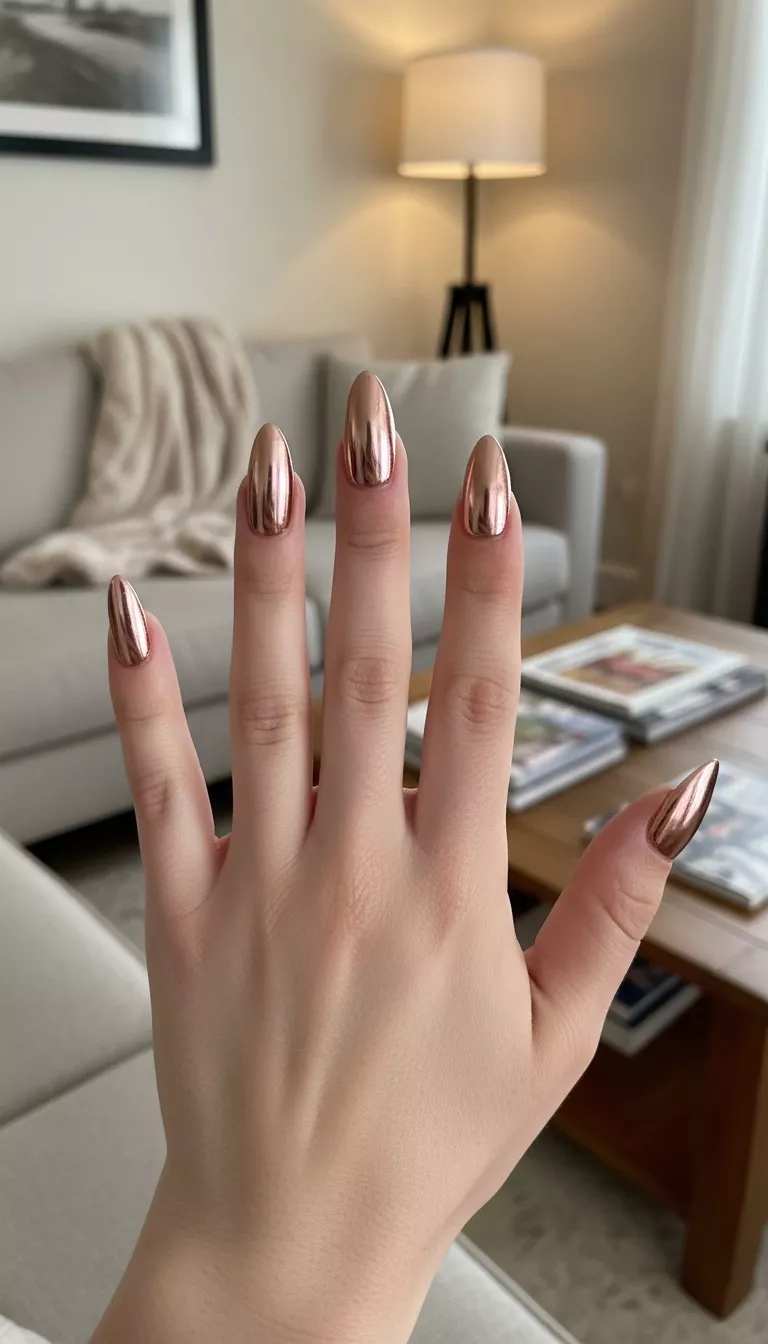 close-up shot of a woman’s hand with five fingers showing nails with a full coverage, mirror-like rose gold chrome powder finish, living room background.